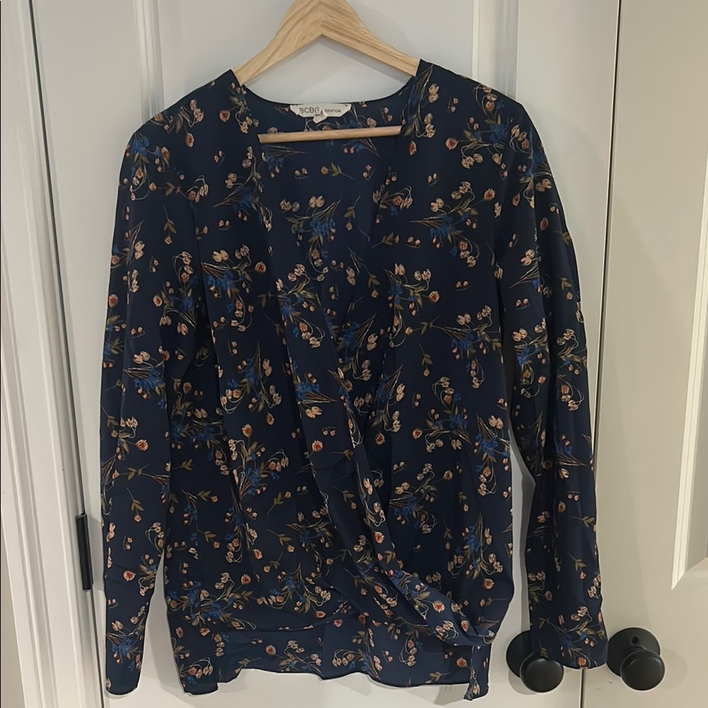BCBG Floral Navy Wrap Top